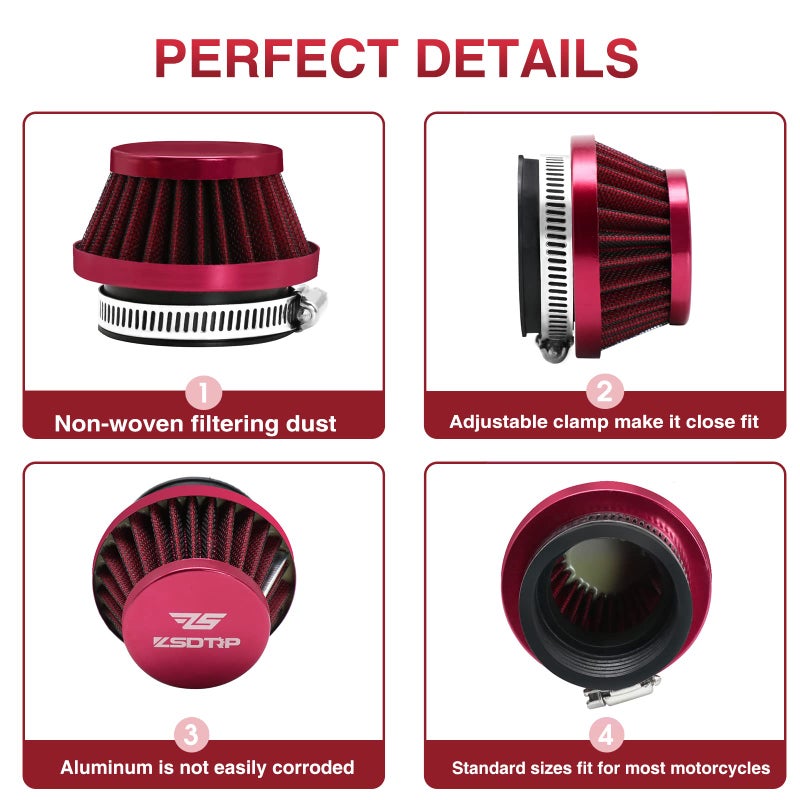 ZSDTRP 2PCS Motorcycle 38MM Air Intake Filter Universal Carburetor Air Filter Cleaner for Dirt Pit ATV SSR TTR Bike Breather Filter Fit for HONDA YAMAHA SUZUKI KEIHIH KOSO MIKUNI OKO Carburetor (Red 38MM) - Image 3